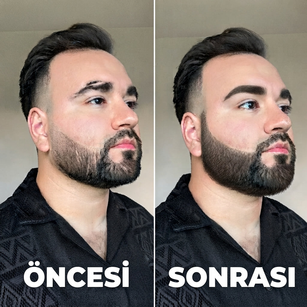 Simaa Sakal Kalemi öncesi sonrası — dolgun sakal görünümü
